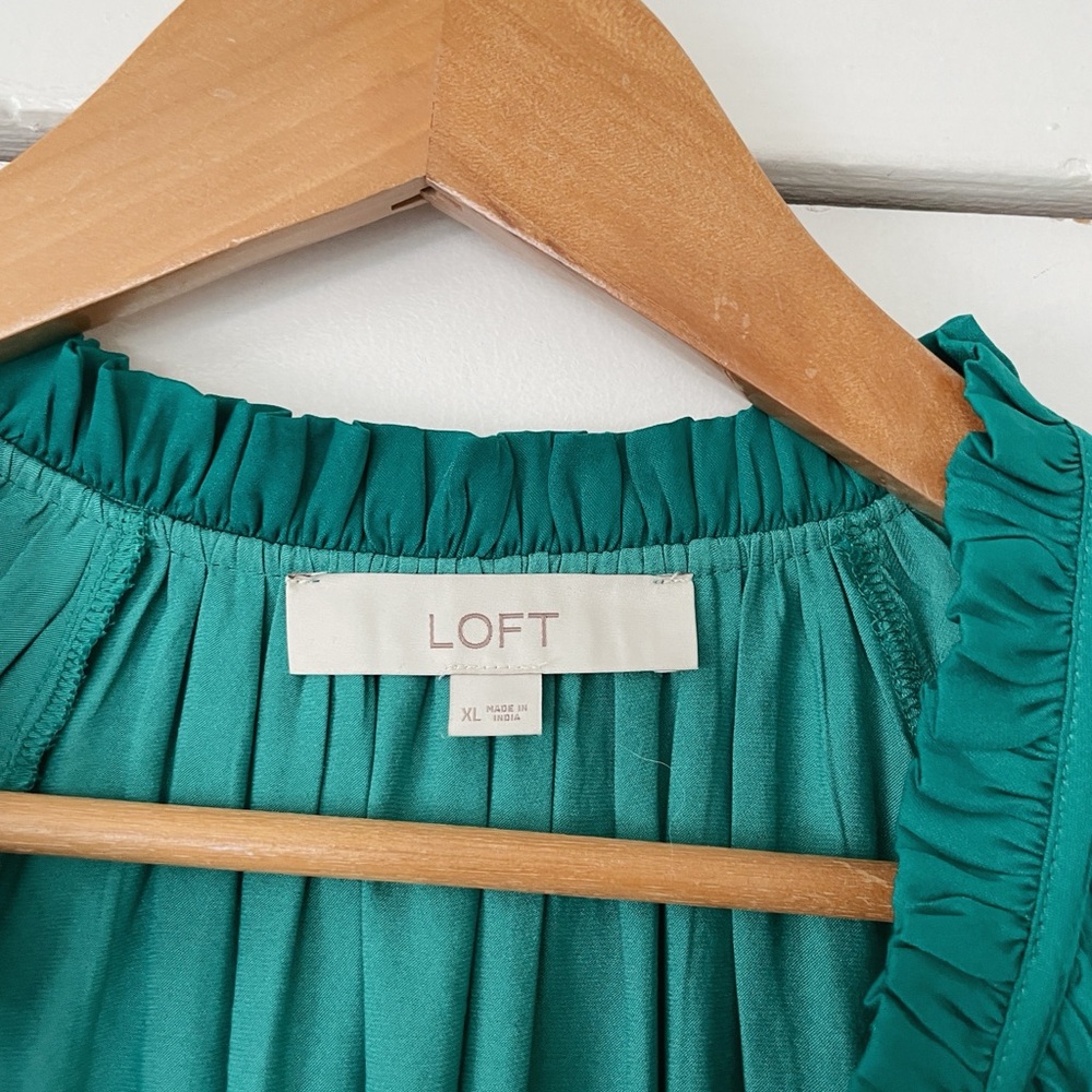 LOFT Teal Long-Sleeve Smocked V-Neck Blouse - Picture 3 of 5